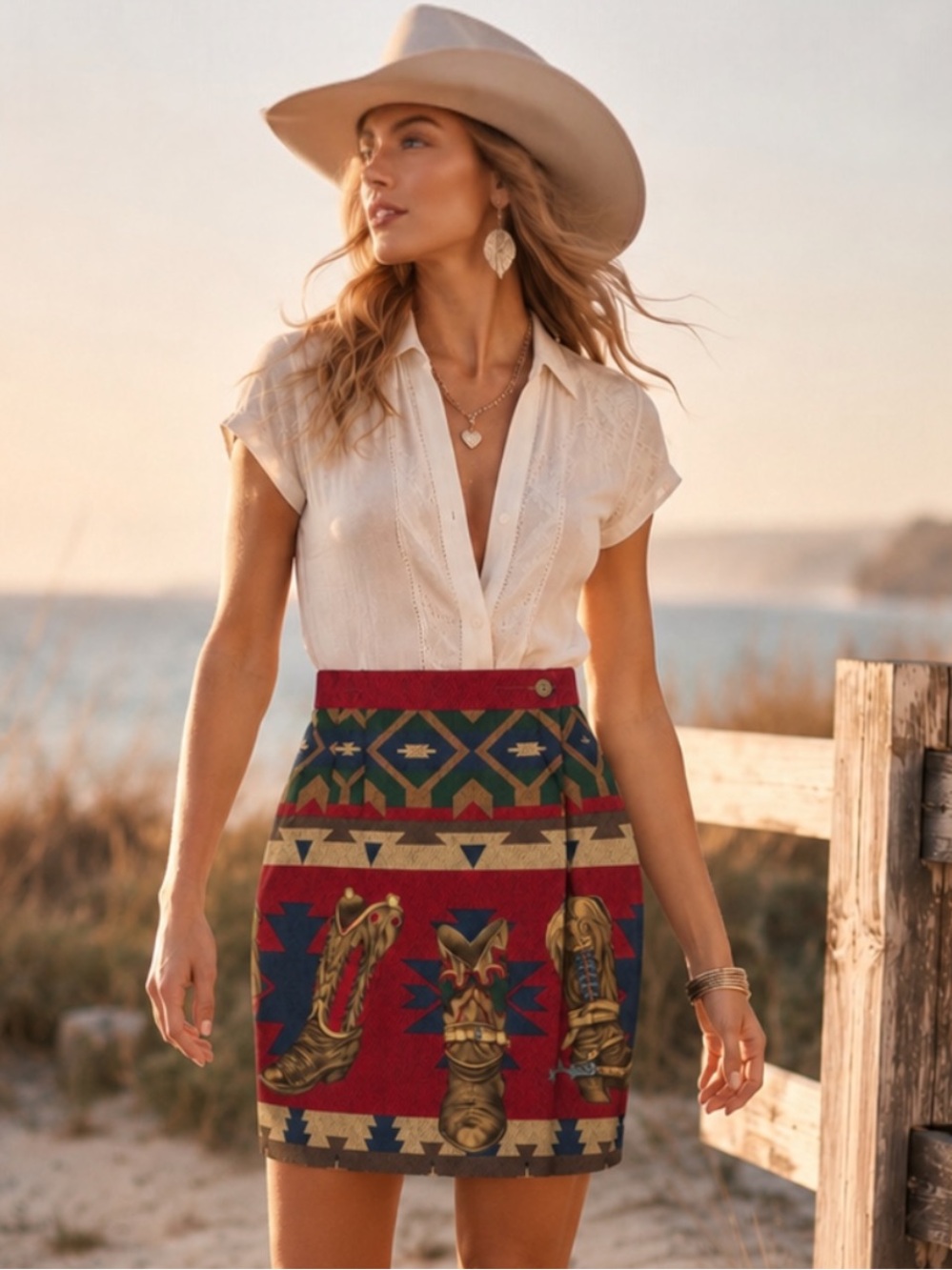 VTG Sharon Young Western Cowboy Boot Southwestern Mini Wrap Skirt Nashville SM